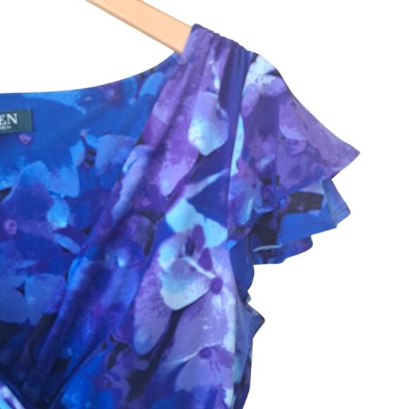 LAUREN Ralph Lauren Purple Blue Floral V-neck Jersey Dress Size 4 Flutter Sleeve - Picture 7 of 8